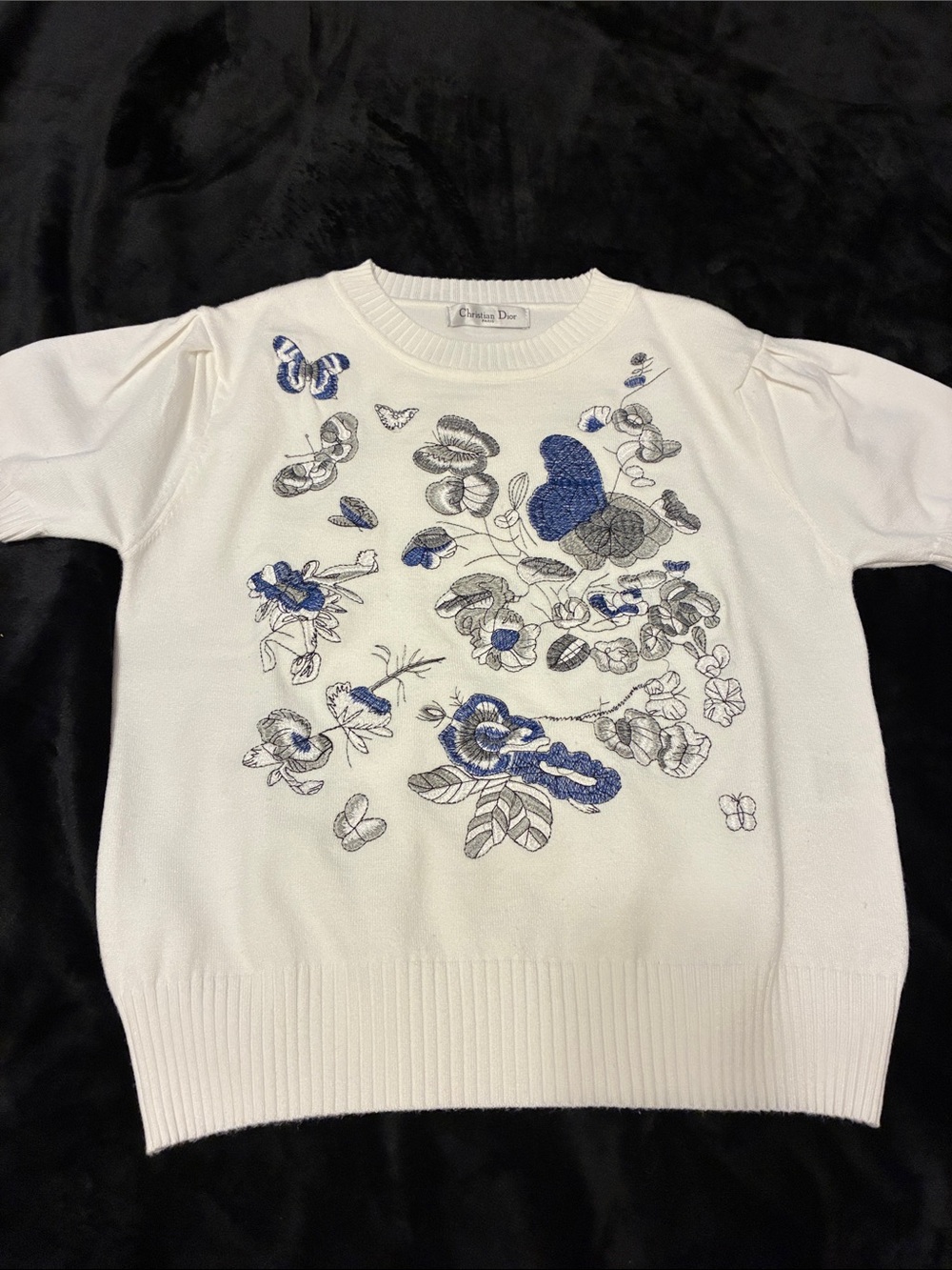 Dior White Crewneck Sweater with Blue & Gray Floral Stitching - Picture 2 of 5